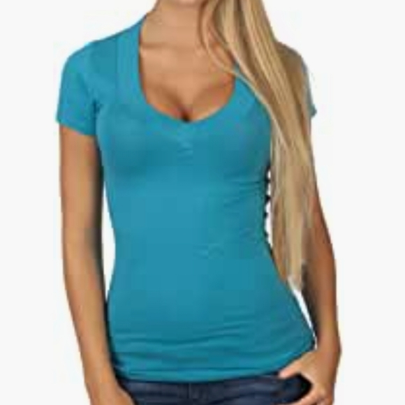 Teal blue deep v-neck short sleeve basic solid … - Picture 1 of 1